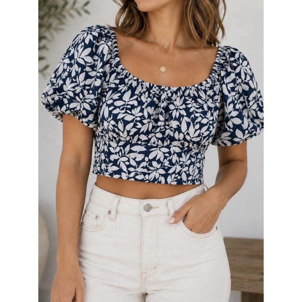 NWT Abercrombie Fitch Sz S Crop Top Blouse Puff Slv Smocked Babydoll Navy White